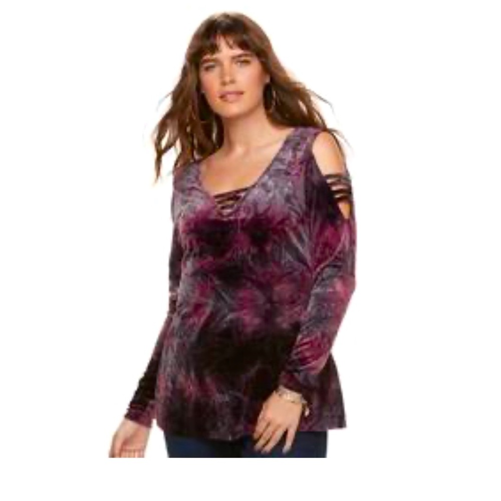 Rock & Republic Strappy Cold Shoulder Velvet Long Sleeve Top Womens Size XL